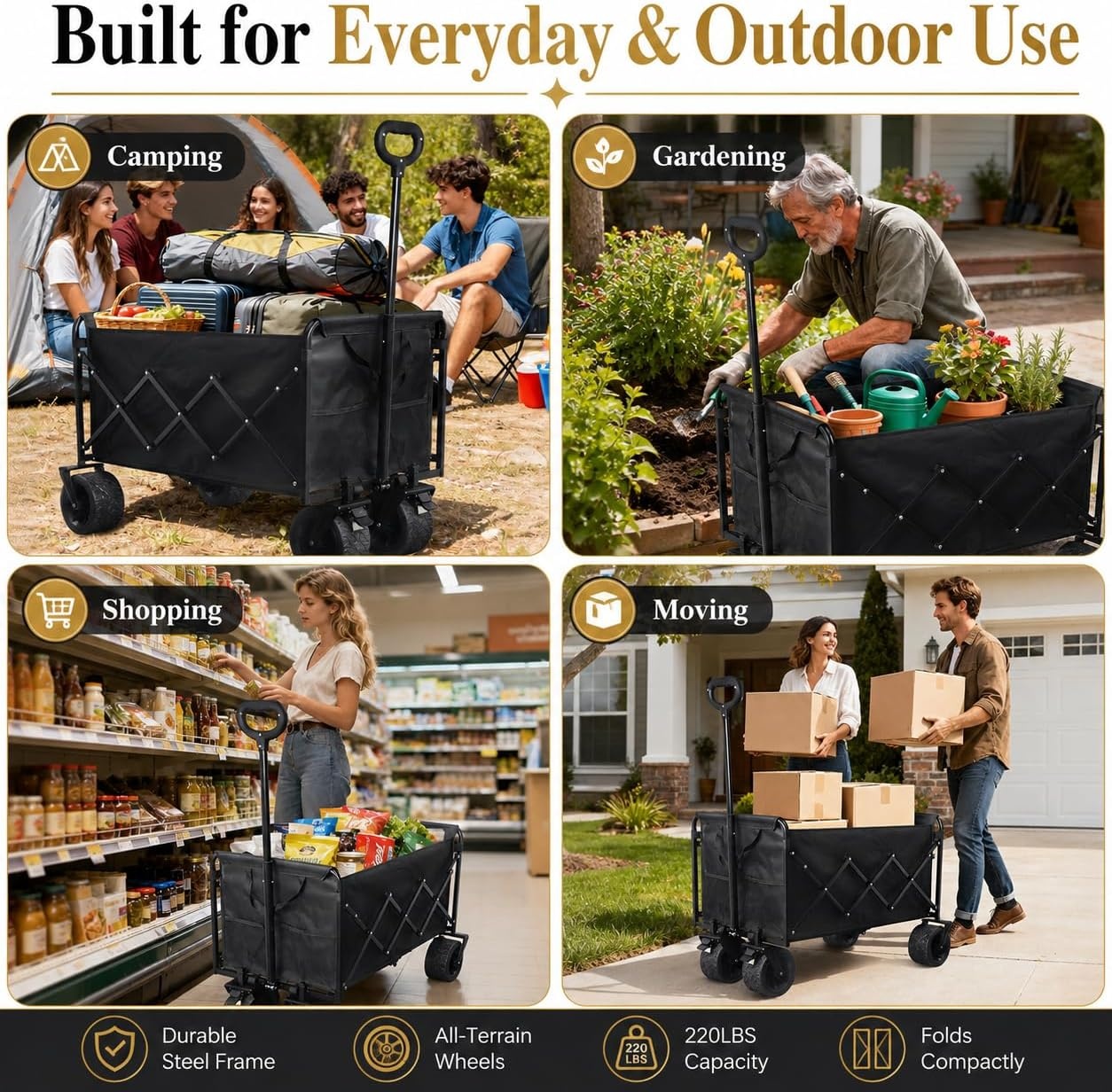 image:imageWagons Carts Foldable 500 lb 220L Collapsible Wagon with Brakes Heavy folding wagon for groceries camping beach outdoor hauling large storage brake control and compact folding designLight Black