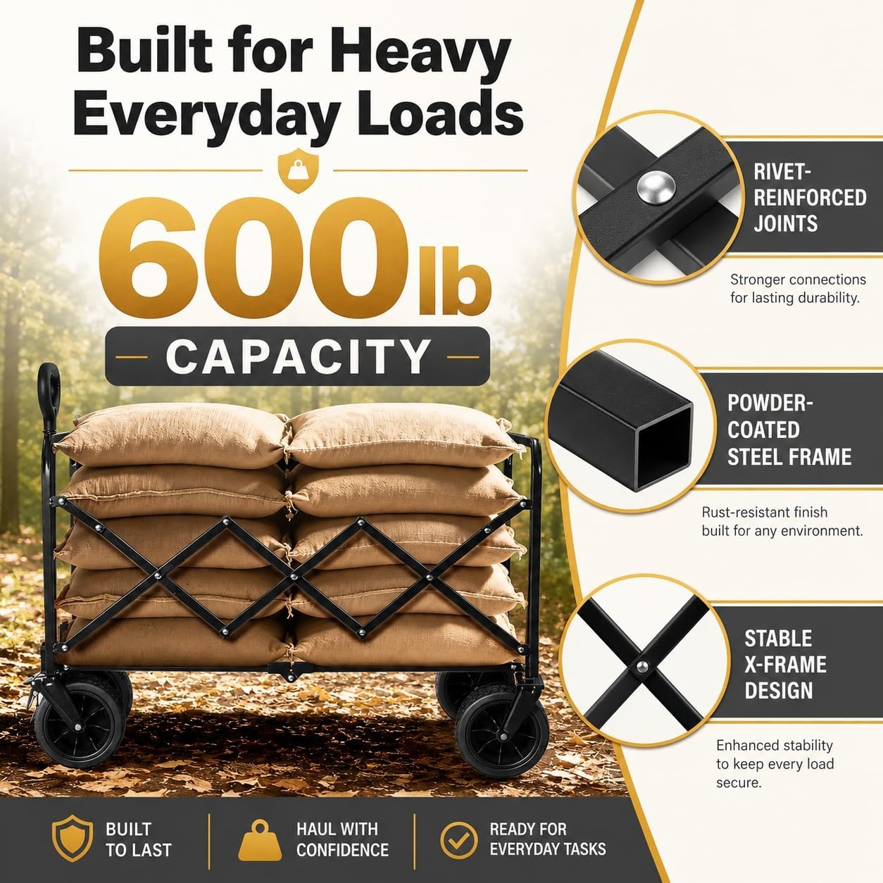 image:imageWagons Carts Foldable 500 lb 220L Collapsible Wagon with Brakes Heavy folding wagon for groceries camping beach outdoor hauling large storage brake control and compact folding designLight Black