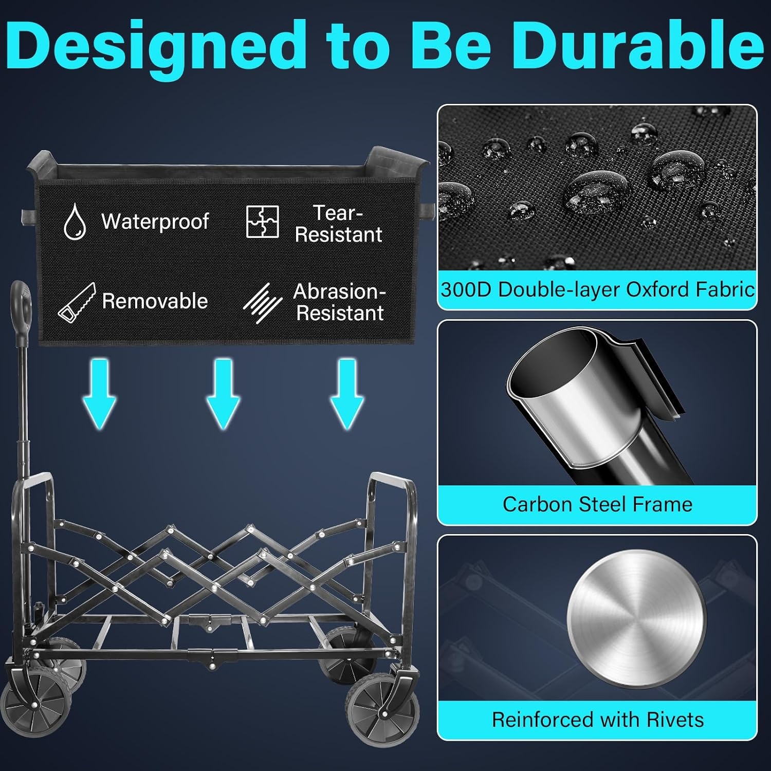 image:imageWagons Carts Foldable 500 lb 220L Collapsible Wagon with Brakes Heavy folding wagon for groceries camping beach outdoor hauling large storage brake control and compact folding designJet Black