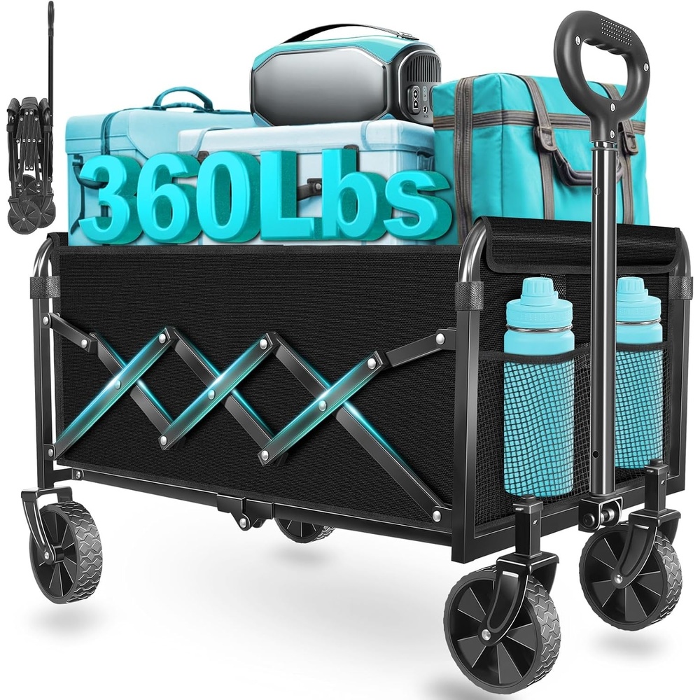 image:imageWagons Carts Foldable 500 lb 220L Collapsible Wagon with Brakes Heavy folding wagon for groceries camping beach outdoor hauling large storage brake control and compact folding designJet Black