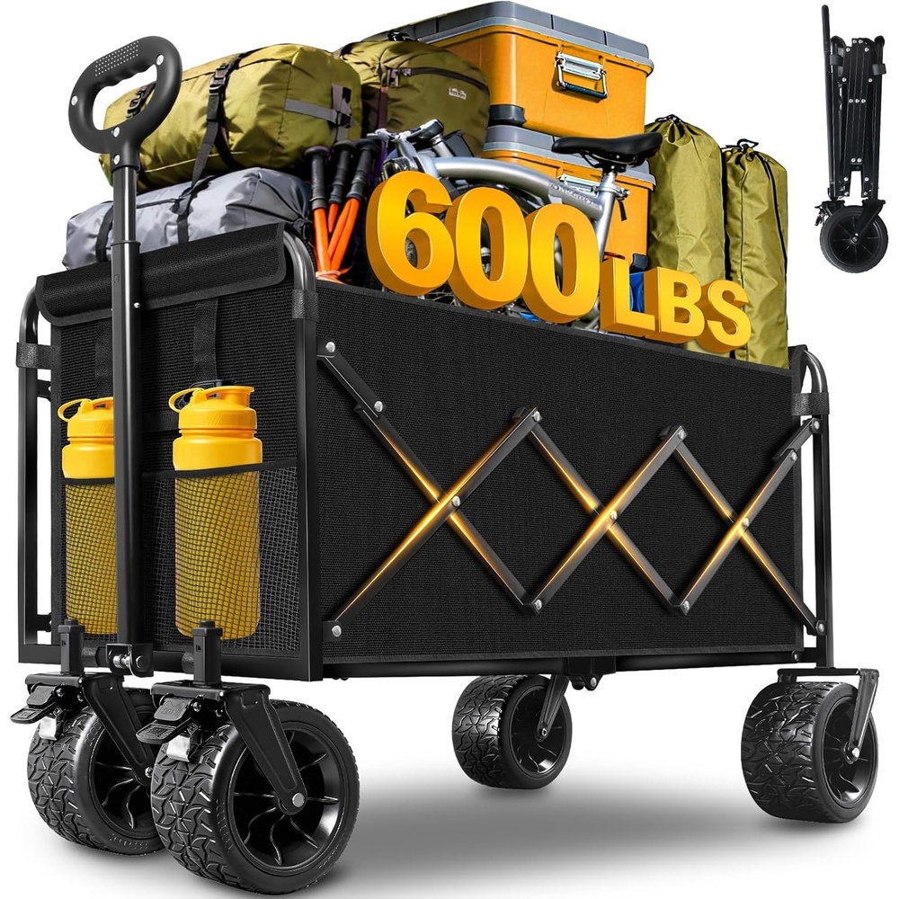image:imageWagons Carts Foldable 500 lb 220L Collapsible Wagon with Brakes Heavy folding wagon for groceries camping beach outdoor hauling large storage brake control and compact folding designLight Black